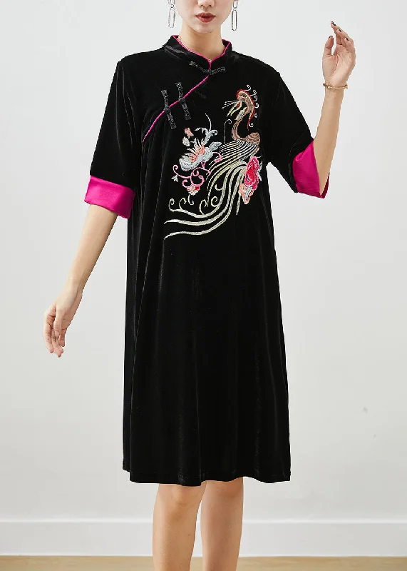 velvet dressClassy Black Embroideried Silk Velour Dresses Half Sleeve