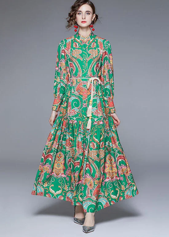 Hurry In stylish dressDIY Green Stand Collar Print Wrinkled Sashes Chiffon Holiday Dress Fall Hurry In stylish dressDIY Green Stand Collar Print Wrinkled Sashes Chiffon Holiday Dress Fall