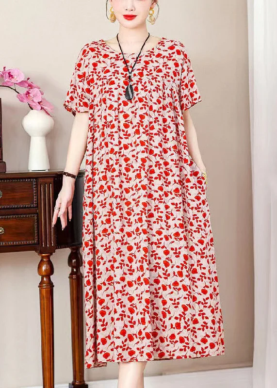 Savings Event bodycon dressLoose Red Print Pockets Cotton Long Dresses Summer