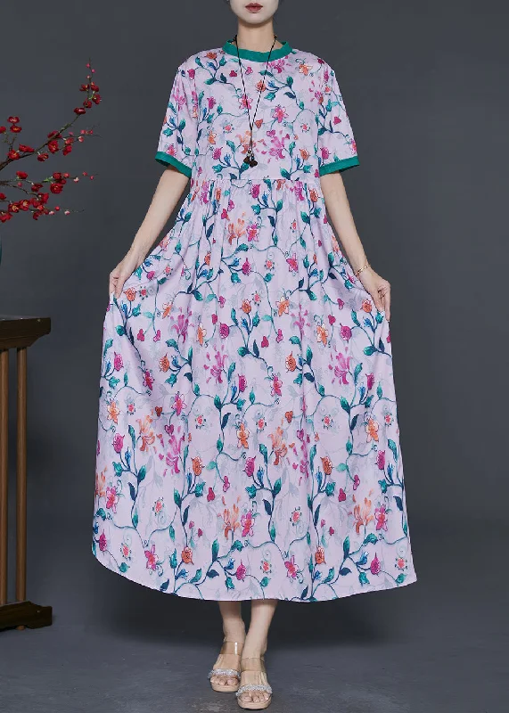 ruched dressBohemian Pink Stand Collar Print Silk Long Dress Summer