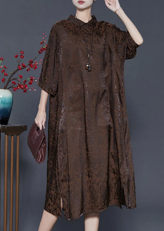 classic fit-and-flare dressVintage Chocolate Jacquard Silk Maxi Dresses Bracelet Sleeve