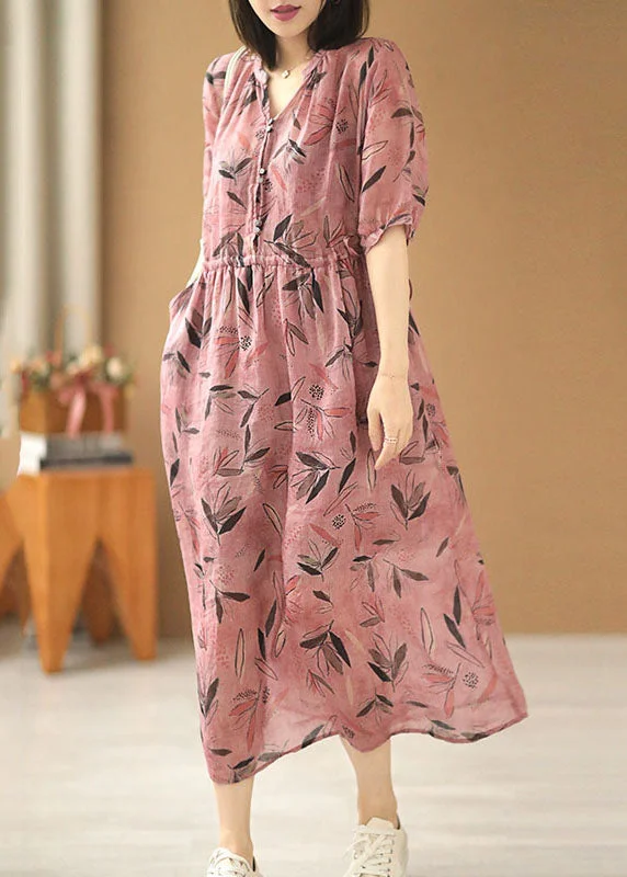 Price Buster evening dressFitted Rose V Neck Cinched Print Linen Vacation Dresses Short Sleeve