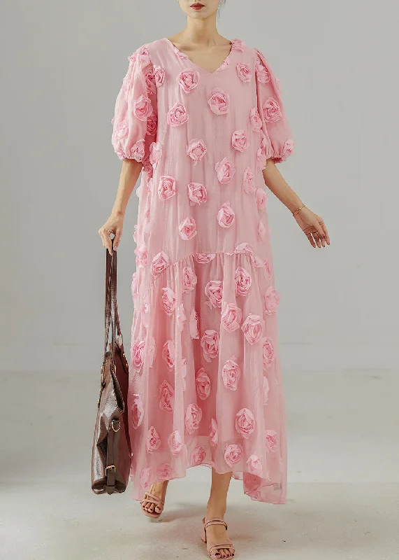Clearance Event satin dressBeautiful Pink Oversized Stereoscopic Floral Cotton Party Dress Summer