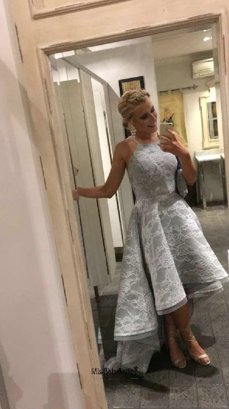 Buy Now elegant shift dressHigh Low Silver Lace Prom Dress