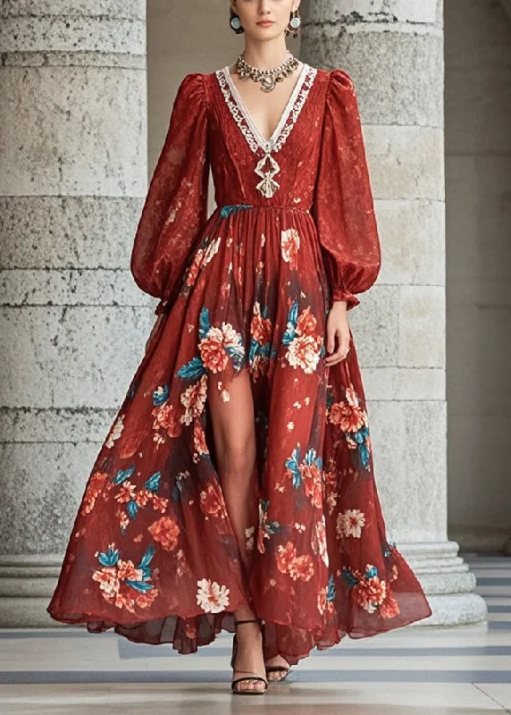 Loyalty Reward comfy maxi dressBeautiful Red V Neck Floral Chiffon Dresses Fall