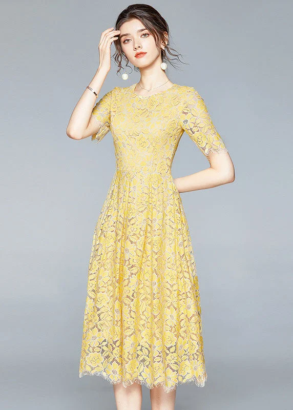 elegant shift dressFrench Yellow Zip Up Slim Fit Lace Party Dress Short Sleeve