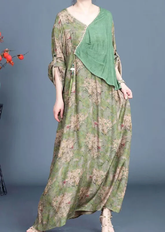 casual dressNew Green Button Print Patchwork Silk Dresses Spring