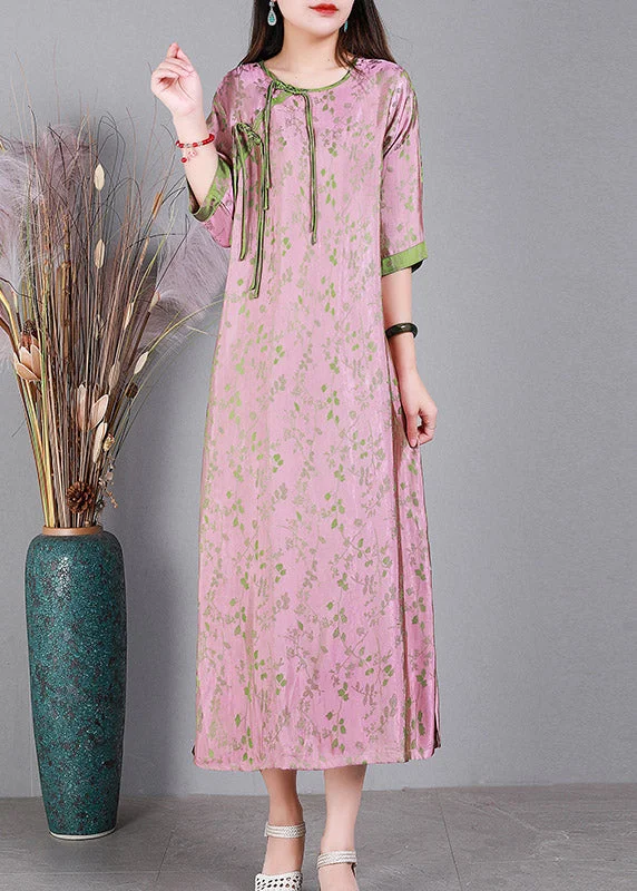Don't Wait chic slip dressJacquard Pink O-Neck Print Button Silk Long Dress Half Sleeve