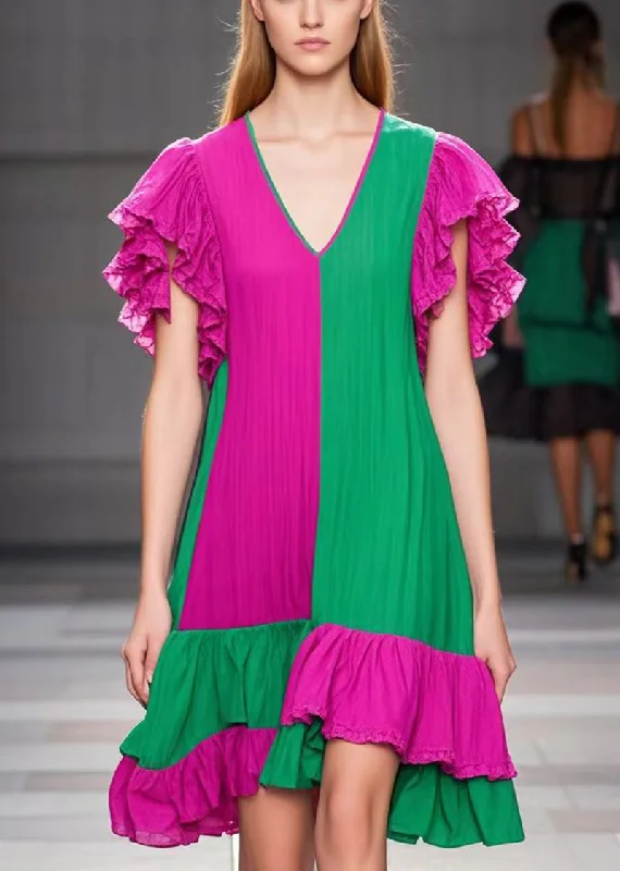 Last Chance boho dressBoho Colorblock V Neck Patchwork Cotton Tea Dress Butterfly Sleeve
