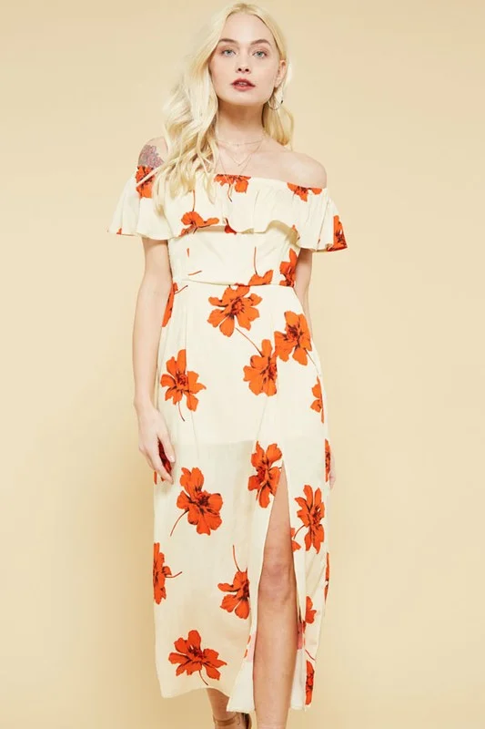 sleek midi dressFloral Off Shoulder Dress