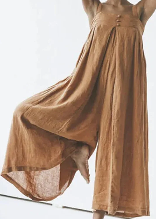 Price Reduction Art Khaki Slash Neck Button Solid Linen Jumpsuit Summer LY1965