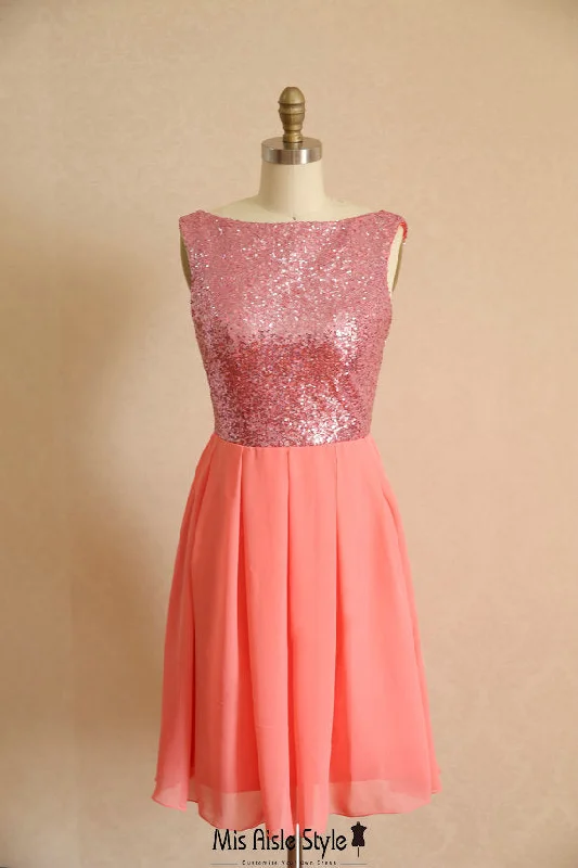Price Cut knit dressShort Coral Sequins Wedding Guest Dress