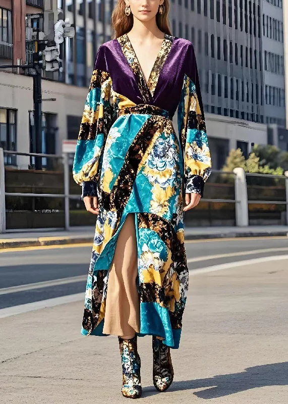 off-shoulder dressPurple Patchwork Silk Velvet Vacation Dresses V Neck Side Open Spring