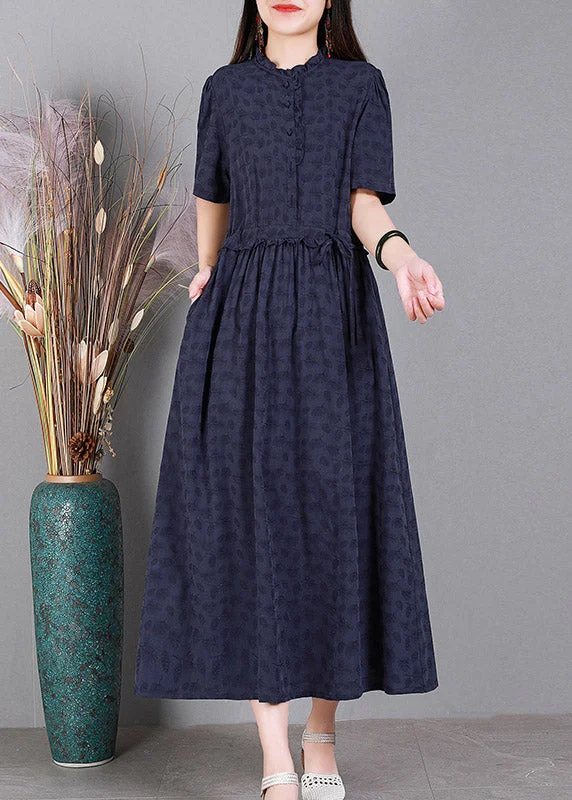 Factory Direct Sale casual slip dressDiy Navy Blue Print Ruffled Button Linen Maxi Dresses Short Sleeve