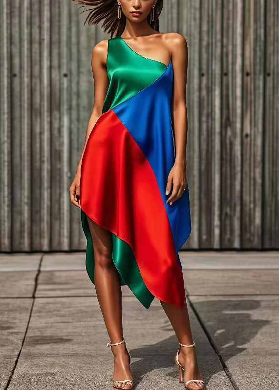 shift dressBeautiful Colorblock One Shoulder Asymmetrical Patchwork Silk Holiday Dress Summer