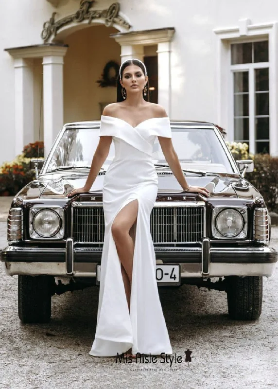 Quick Sale party dressSheath Sexy Slit Off Shoulder Sleeve Wedding Dress