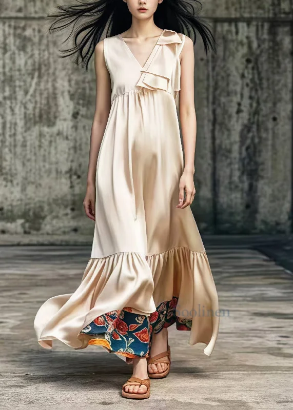 The Best Prices sleek midi dressWomen Khaki V Neck Patchwork Draping Silk Long Dress Summer The Best Prices sleek midi dressWomen Khaki V Neck Patchwork Draping Silk Long Dress Summer