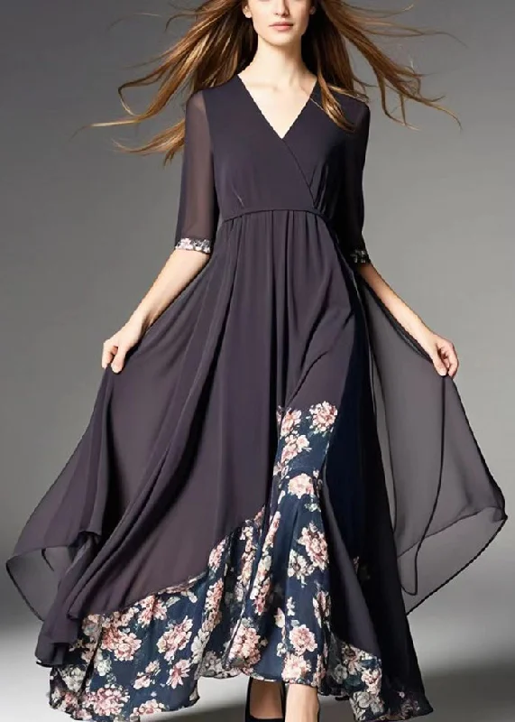 lace-up dressFrench Black Asymmetrical Patchwork Print Chiffon Robe Dresses Summer