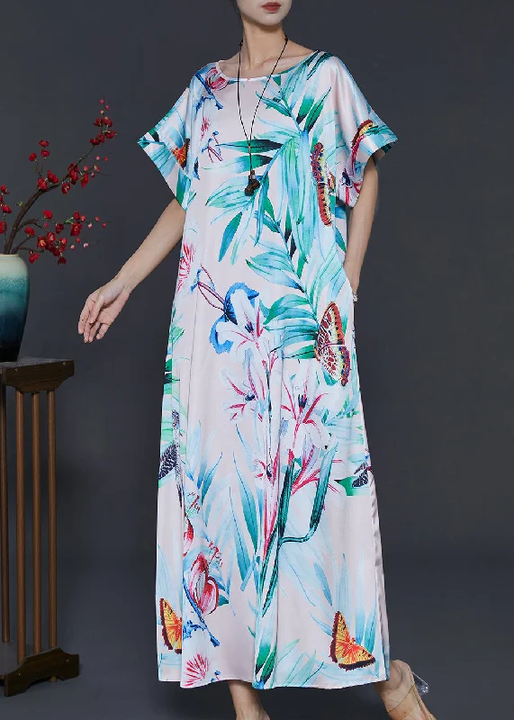 Stock Clearance high-waisted dressItalian Green Leaf Print Silk Maxi Dresses Summer