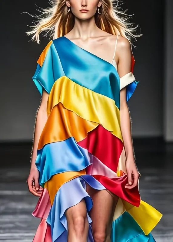 tiered dressFrench Colorblock One Shoulder Patchwork Silk Beach Dress Summer