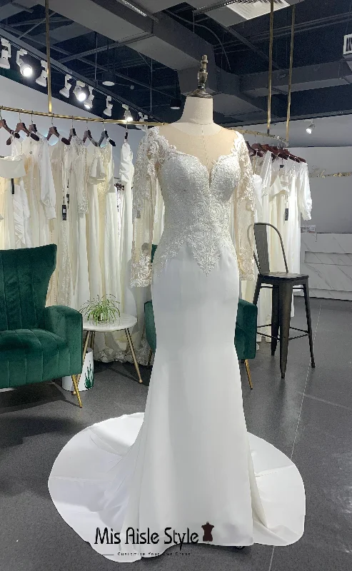 Act Fast trendy mini dressMermaid Long Sleeve Illusion Back Wedding Dress