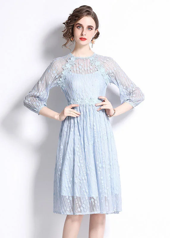 mini dressStylish Light Blue Embroideried Patchwork Lace Cinch Dress Bracelet Sleeve