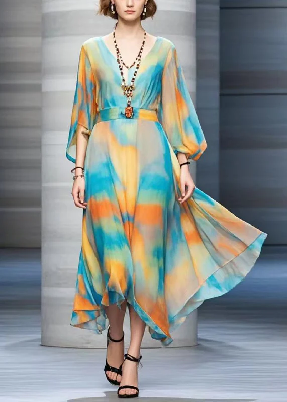 Seasonal Sale casual slip dressBohemian Cinched Tie Dye Chiffon Maxi Dresses Fall