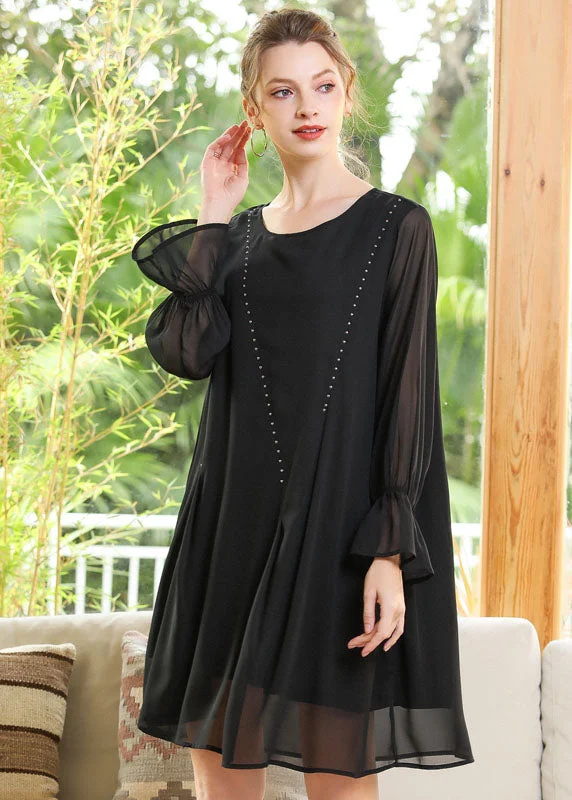 puff sleeve dressWomen Black O-Neck Chiffon A Line Dress Lantern Sleeve