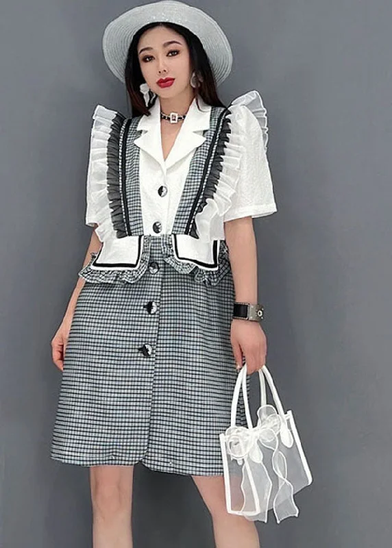 wool dressdiy Grey Notched Collar Ruffled Patchwork Plaid Maxi Dresses Short Sleeve