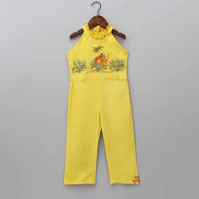 Super Deal Embroidered Yoke Yellow Jumpsuit