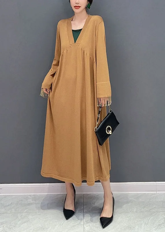 Special Savings flowy dressKhaki Patchwork Knit Ankle Dress Oversized Tassel Spring