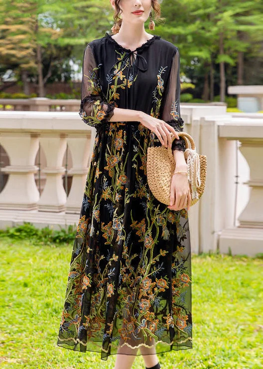 Exclusive Savings casual summer dressStylish Black Embroideried Hollow Out Silk Maxi Dresses Summer