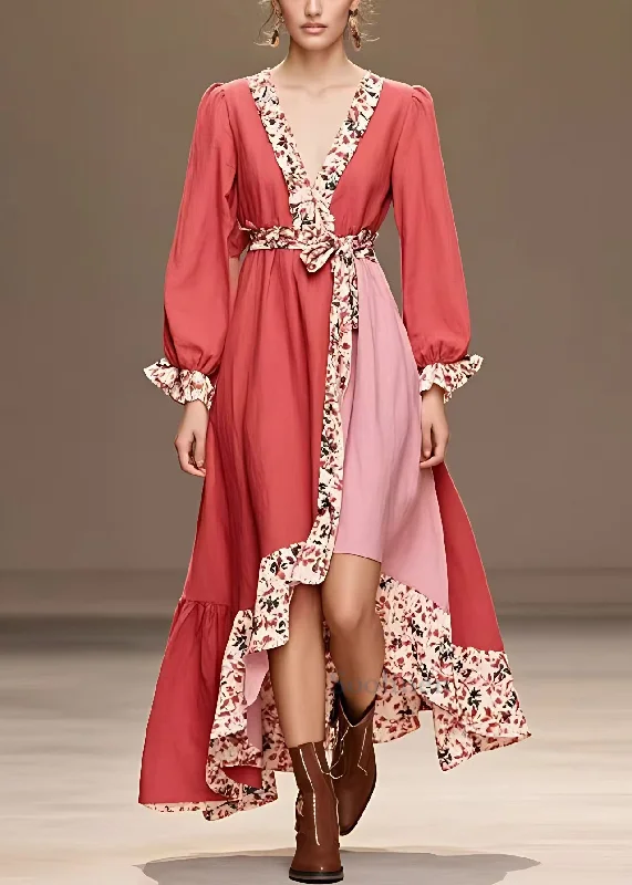 Weekend Deal ruffle dressNew Red V Neck Print Patchwork Cotton Long Dresses Long Sleeve