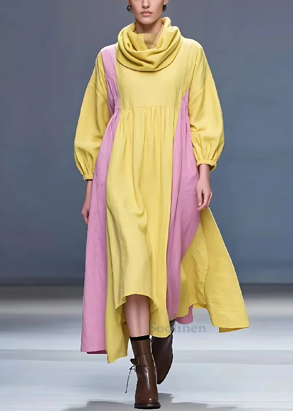 Steals and Deals party dressNew Yellow Turtleneck Solid Patchwork Cotton Long Dress Fall Steals and Deals party dressNew Yellow Turtleneck Solid Patchwork Cotton Long Dress Fall