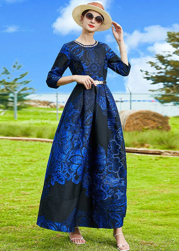 Special Promotion playful dressFrench Blue O-Neck Jacquard Sashes Long Dresses Bracelet Sleeve Special Promotion playful dressFrench Blue O-Neck Jacquard Sashes Long Dresses Bracelet Sleeve