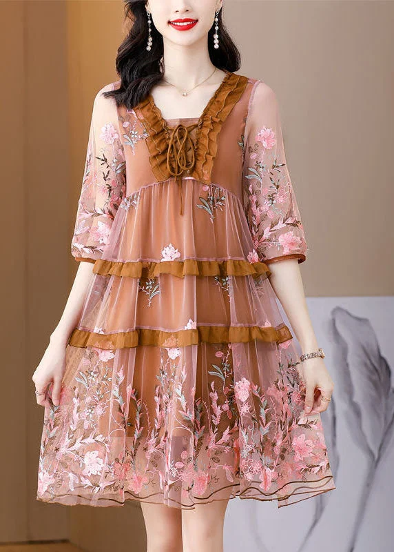 casual knit dressDIY Chocolate Embroideried Ruffled Lace Up Organza Dresses Half Sleeve