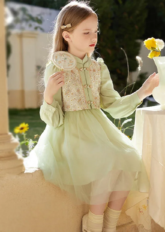 long sleeve dressChinese Style Green Embroideried Ruffled Tulle Patchwork Girls Mid Dress Fall