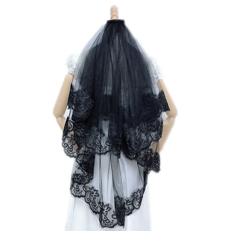 Early Bird Discount backless dressLace embroidered black double veil 559934344266