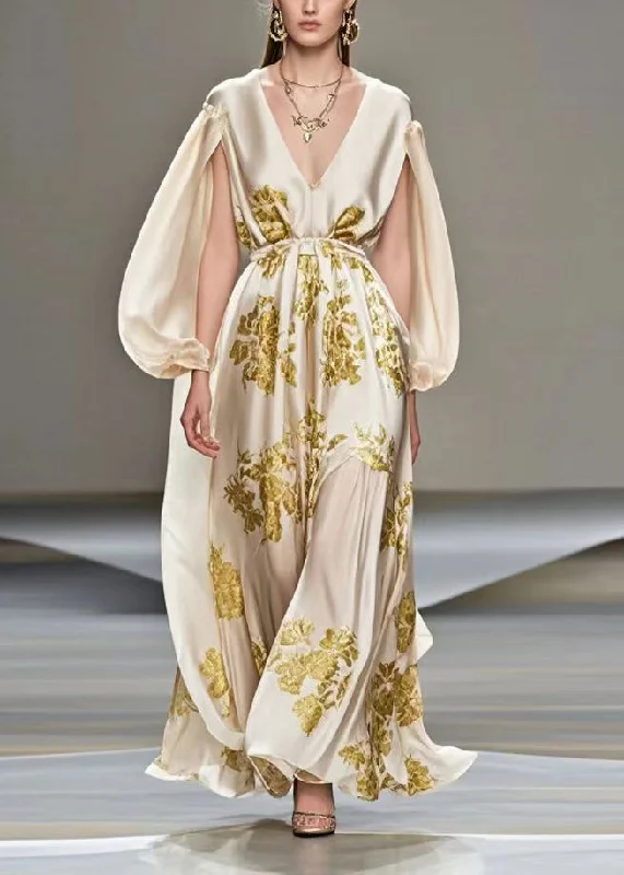 Price Blitz off-the-shoulder dressStyle Champagne V Neck Print Silk Maxi Dress Cloak Sleeves Price Blitz off-the-shoulder dressStyle Champagne V Neck Print Silk Maxi Dress Cloak Sleeves