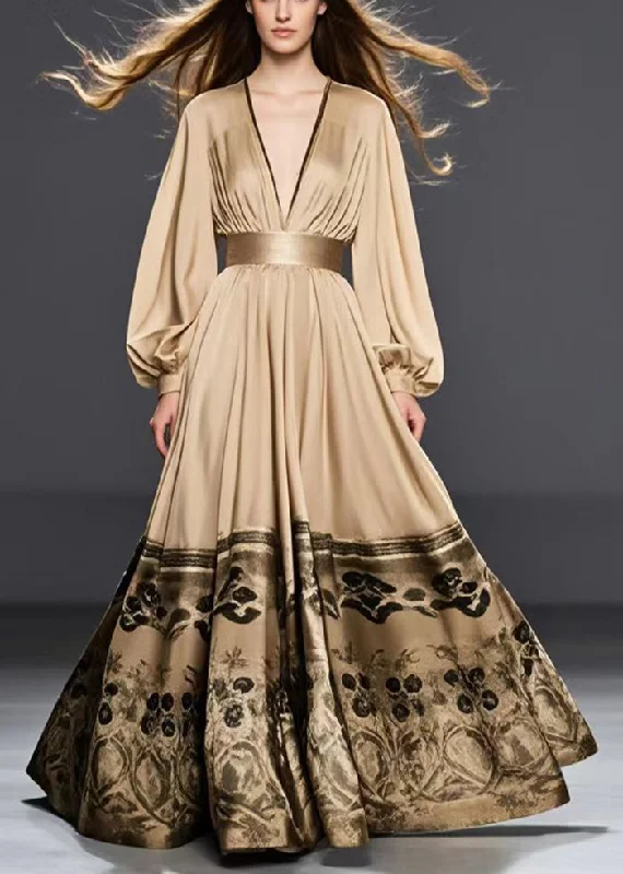 playful dressWomen Golden Cinched Print Silk Maxi Dresses Spring