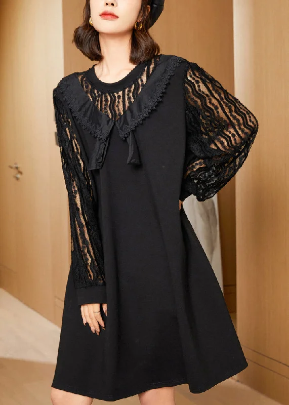 oversized dressElegant Black Oversized Lace Patchwork Hollow Out Spandex Dress Spring