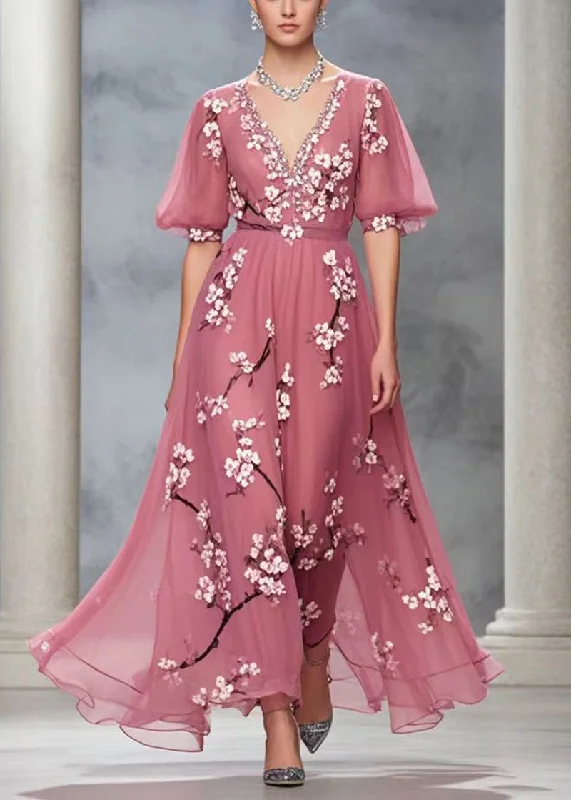 Weekend Flash Sale party dressFashion Rubber Red V Neck Print Chiffon Long Dress Summer