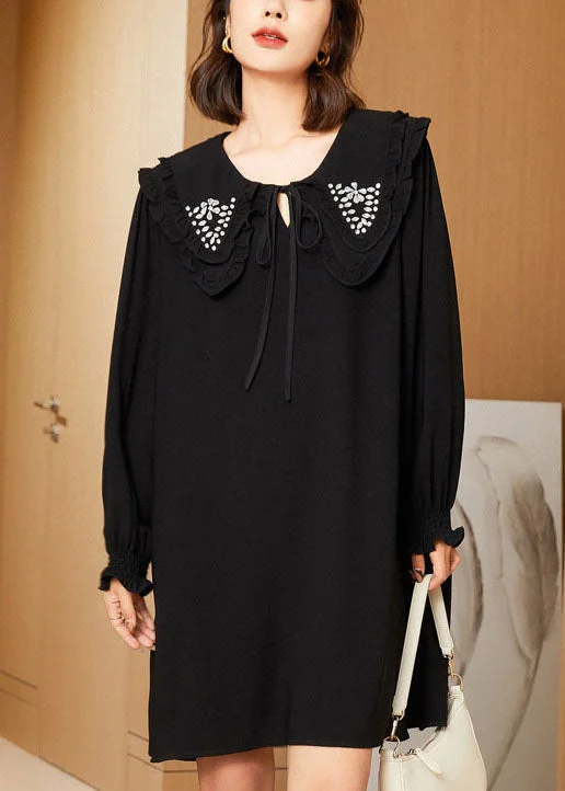 trendy mini dressCasual Black Double-Layer Collar Lace Up Cotton Mid Dress Spring