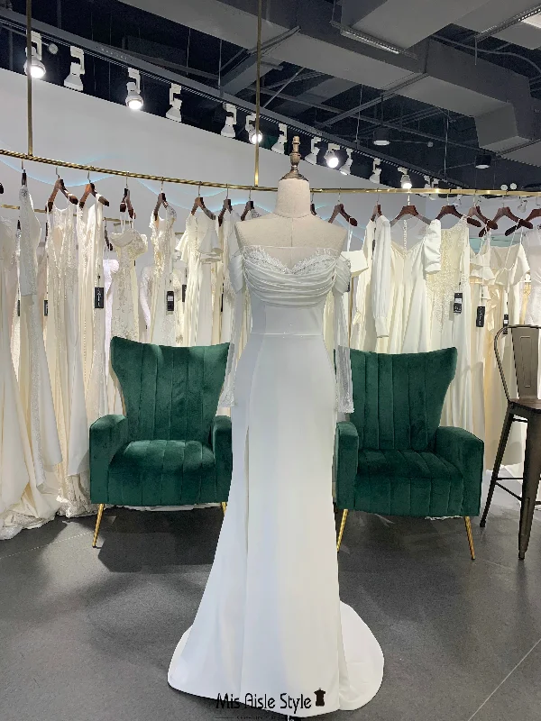 Markdowns wrap dressSexy Slit Sheer Long Sleeve Fit and Flare Wedding Dress