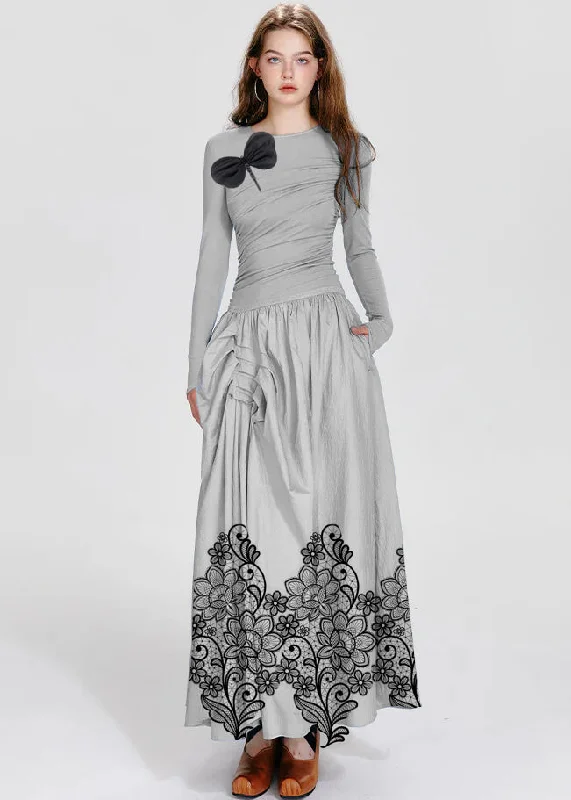 casual evening dressFrench Grey Flowers O-Neck Asymmetrical Wrinkled Maxi Dresses Fall