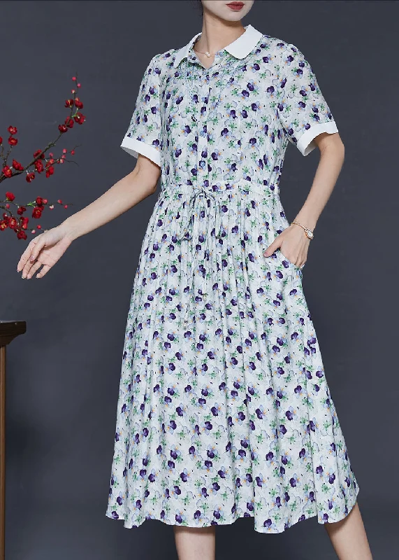 Weekend Deal pleated dressFrench White Cinched Print Chiffon Dress Summer