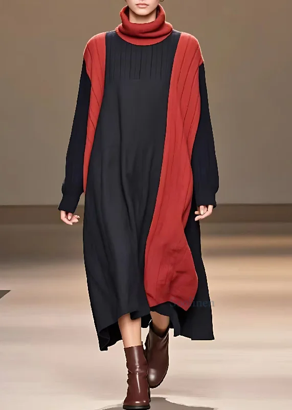 Online Only party-ready dressStyle Red Turtleneck Vacation Long Dresses Fall