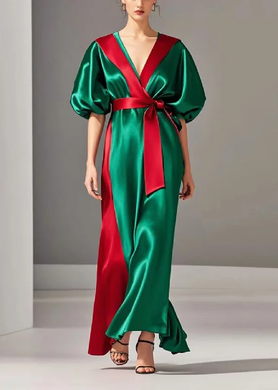 shift dressBoutique Green Puff Sleeve Patchwork Silk Robe Cinched Dresses