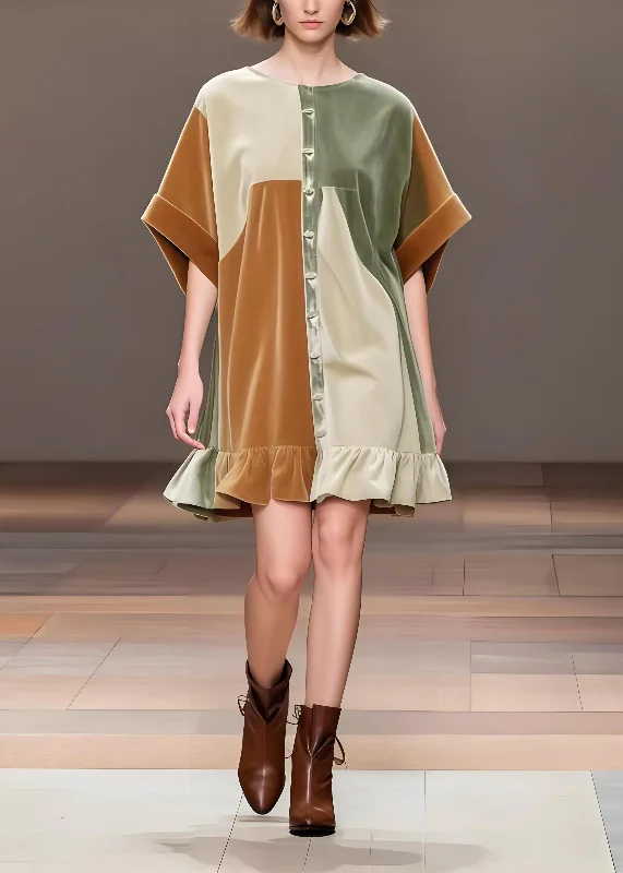 casual shift dressBeautiful Khaki Oversized Patchwork Silk Velvet Tea Dress Spring