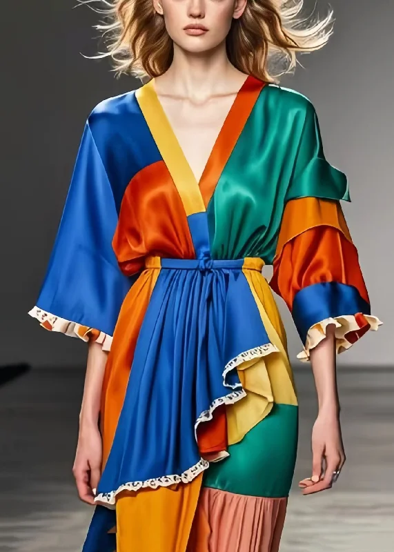 wrap dressUnique Colorblock Asymmetrical Patchwork Silk Holiday Dress Summer